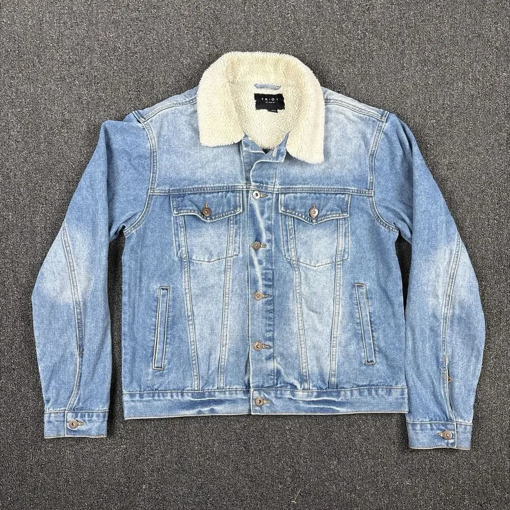 TRIOT Jacket Blue Denim Sherpa Collar Lined Trucker Western Casual Size Large - Picture 1 of 5